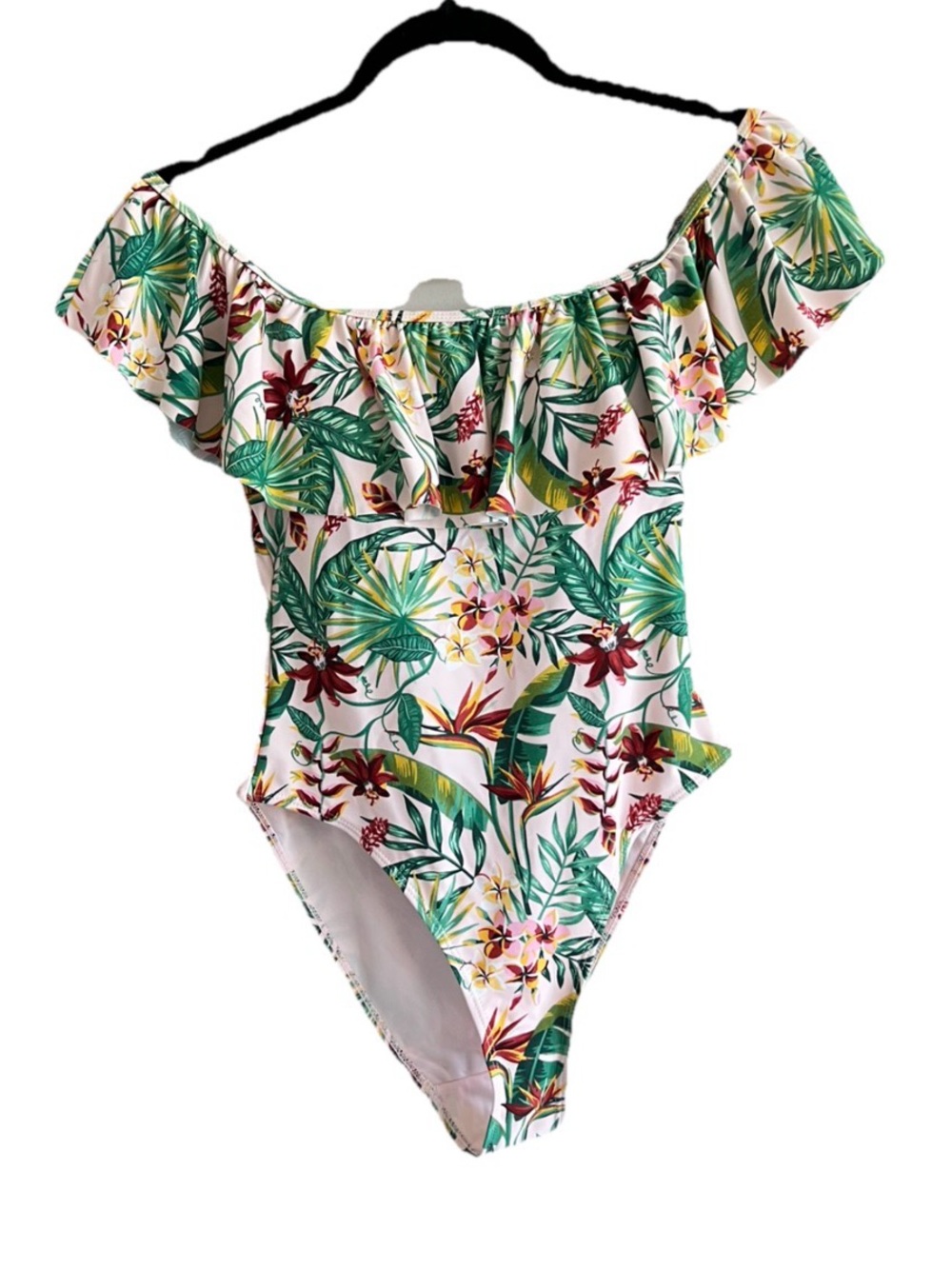 CABANA DEL SOL One Piece Off Shoulder Swimsuit Pink Tropical  WOMENS SMALL 4 6